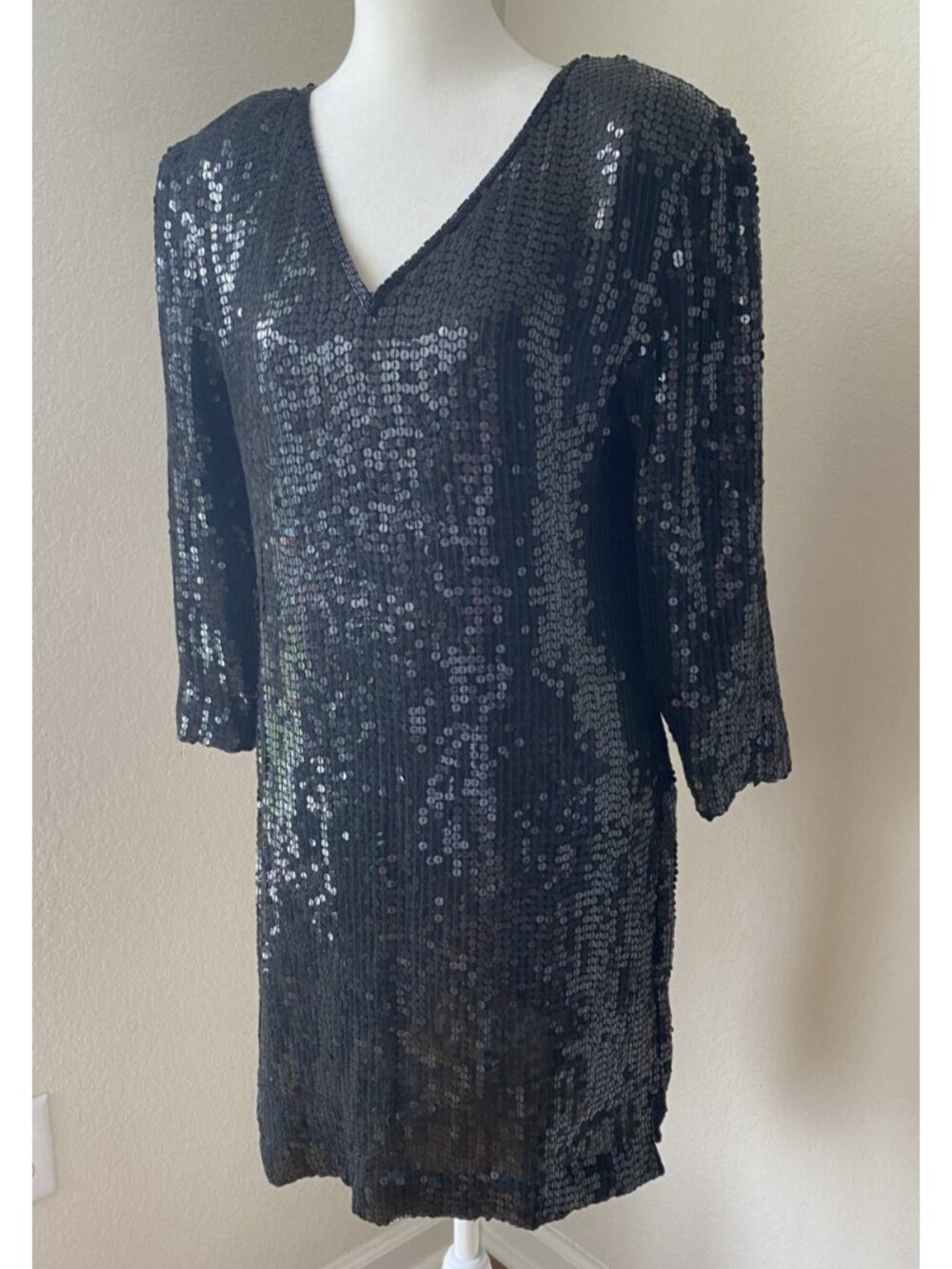 Megere 100% Silk Black Sequin Dress Petite Medium Bead 80s Solid Classic